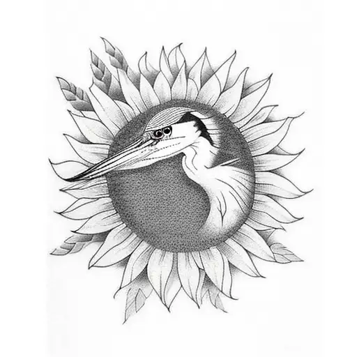 A realistic tattoo of a heron in a field of sunflowers tattoo design idea