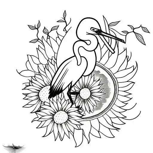 A minimalist tattoo of a heron surrounded by sunflowers tattoo design idea