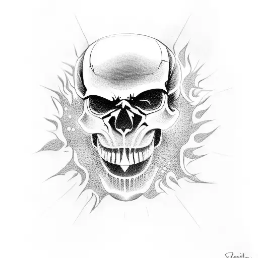 Laughing skull in flames with a robotic jaw and shining eyes. tattoo design idea