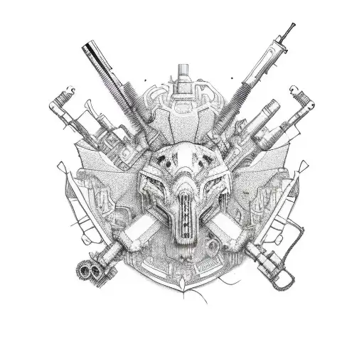 Illustrate a series of intricate sketches featuring guns and motorcycles in a symmetrical pattern tattoo design idea
