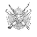 Illustrate a series of intricate sketches featuring guns and motorcycles in a symmetrical pattern tattoo design idea