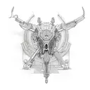 Illustrate a series of intricate sketches featuring guns and motorcycles in a symmetrical pattern tattoo design idea