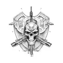 Illustrate a series of intricate sketches featuring guns and motorcycles in a symmetrical pattern tattoo design idea