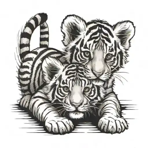 Two little tiger cubs. One lies with its muzzle forward, relaxed. The other sits with his mouth open as if growling tattoo design idea