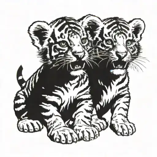 Two little tiger cubs. One lies with its muzzle forward, relaxed. The other sits with his mouth open as if growling tattoo design idea