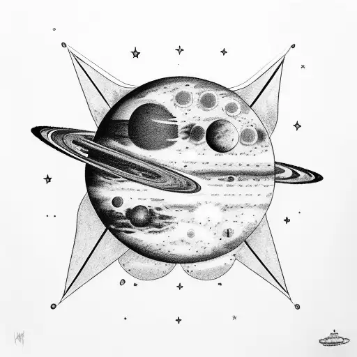 main astronaut floating with apollo 11 command module flying behind and some planets, stars around and lunar surface bel tattoo design idea