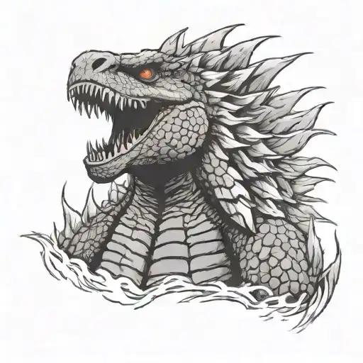 A detailed portrait of Godzilla breathing fire with a distressed background tattoo design idea