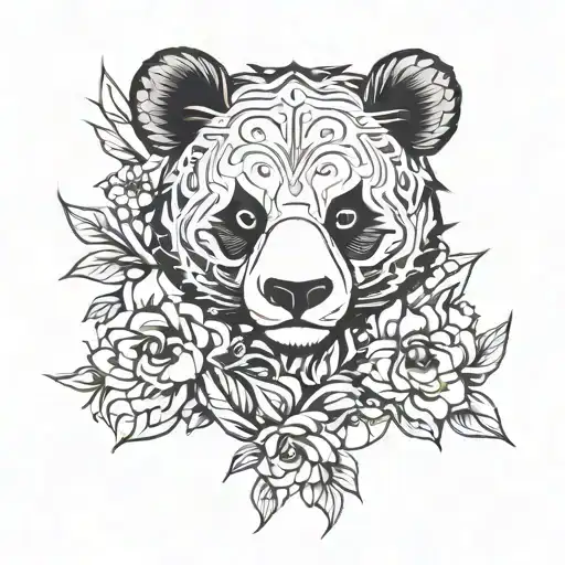 floral panda tattoo design idea