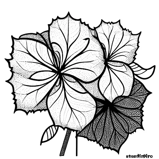 bouquet of line work blue hydrangea, purple hydrangea, tigerlily, jacobs ladder flower  tattoo design idea