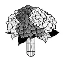 bouquet of line work blue hydrangea, purple hydrangea, tigerlily, jacobs ladder flower  tattoo design idea