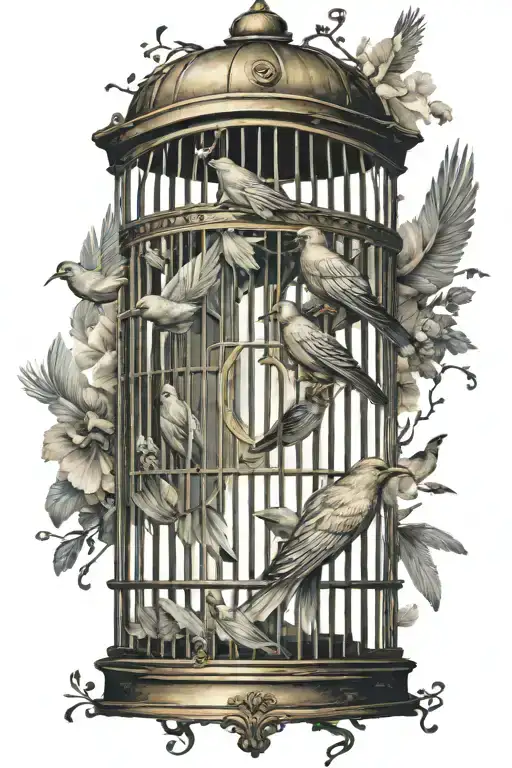 golden cage with open door and birds flying outside tattoo design idea