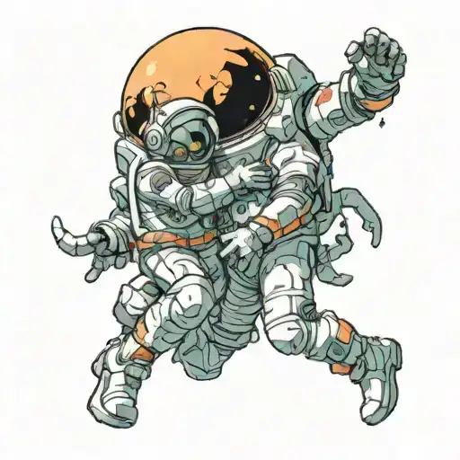 an astronaut looking forward while being hugged from behind by a cosmic humanoid entity tattoo design idea