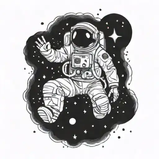 an astronaut looking forward while being hugged from behind by a cosmic humanoid entity tattoo design idea