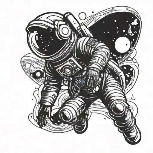 an astronaut standing looking forward while being hugged from behind by a cosmic entity tattoo design idea