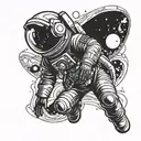 an astronaut standing looking forward while being hugged from behind by a cosmic entity tattoo design idea