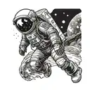 an astronaut standing looking forward while being hugged from behind by a cosmic entity tattoo design idea