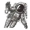 an astronaut standing looking forward while being hugged from behind by a cosmic entity tattoo design idea