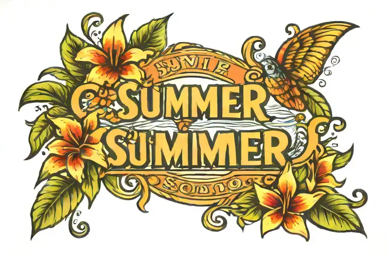 Name "Summer" with beach theme tattoo tattoo design idea