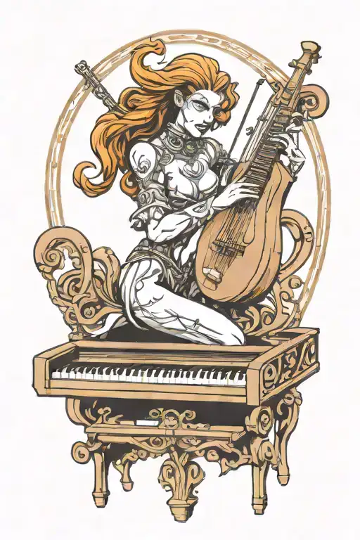 Apollo playing the lyre, piano keys, Mystique from the xmen, Legend of Dragoon tattoo design idea