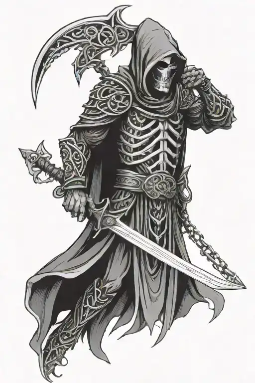 grim reaper wearing celtic armor with chain wrapping around  tattoo design idea