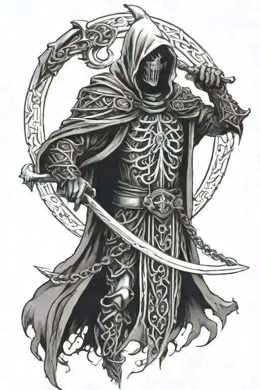 grim reaper wearing celtic armor with chain wrapping around  tattoo design idea