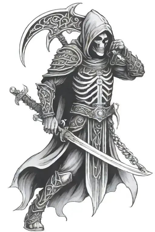 grim reaper wearing celtic armor with chain wrapping around  tattoo design idea