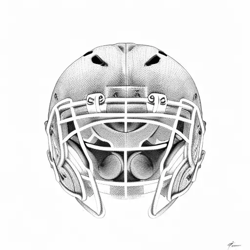 A dog wearing a lacrosse helmet and holding a football in its mouth tattoo design idea