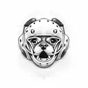 A dog wearing a lacrosse helmet and holding a football in its mouth tattoo design idea