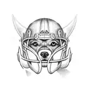 A dog wearing a lacrosse helmet and holding a football in its mouth tattoo design idea