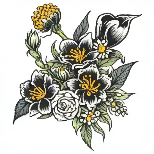 carnation snowdrop marigold cosmo bouquet   tattoo design idea