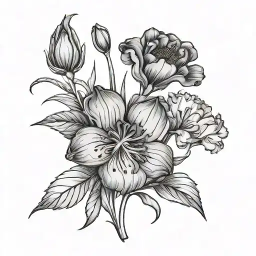 carnation snowdrop marigold cosmo bouquet   tattoo design idea