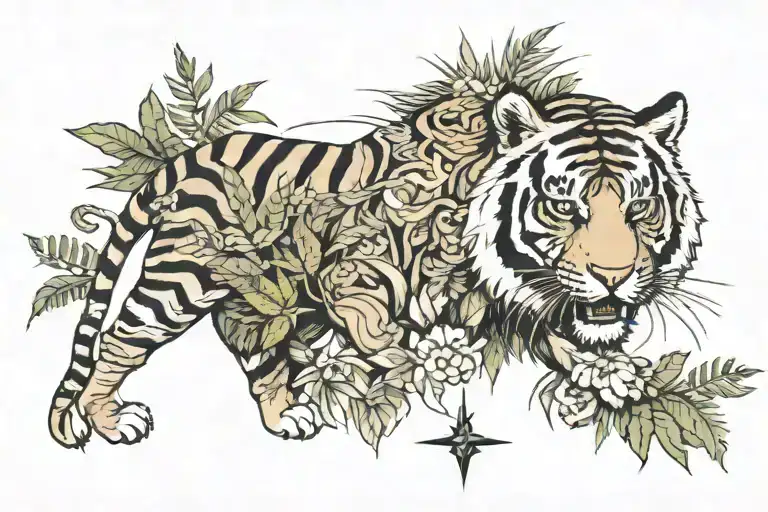 tiger, jungle background,  compass, arrow tattoo design idea