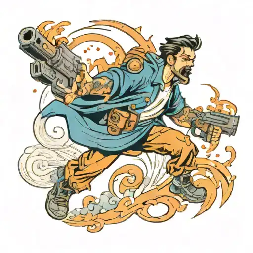 A heroic figure with guns blazing and earth elements swirling around them tattoo design idea