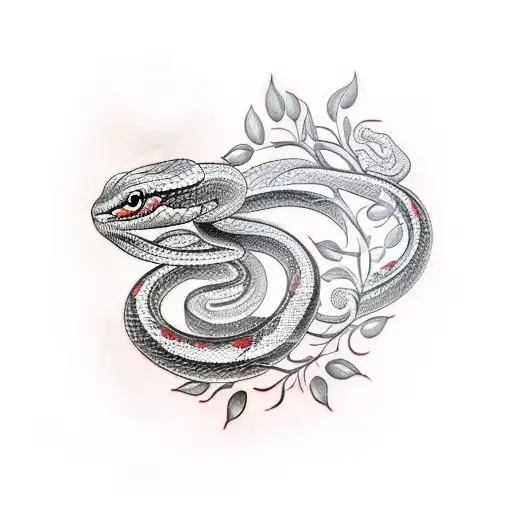 snake with red flowers and doves tattoo design idea