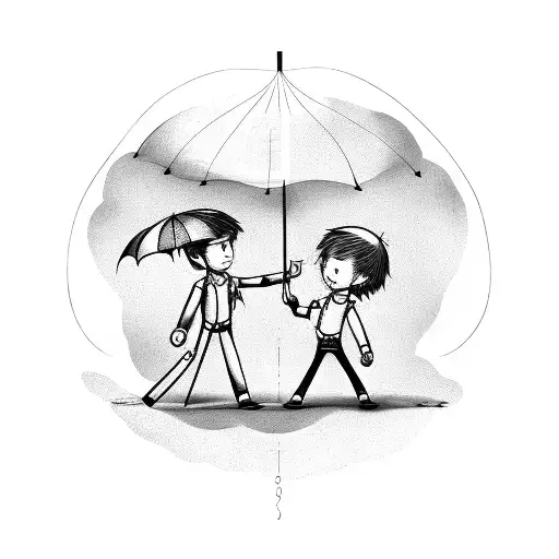 stickman holdin an umbrella above another stickman to keep him from wet tattoo design idea
