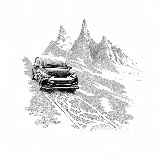 A dotwork design of a Honda Stepwgn RG 1 driving through a scenic mountain landscape tattoo design idea