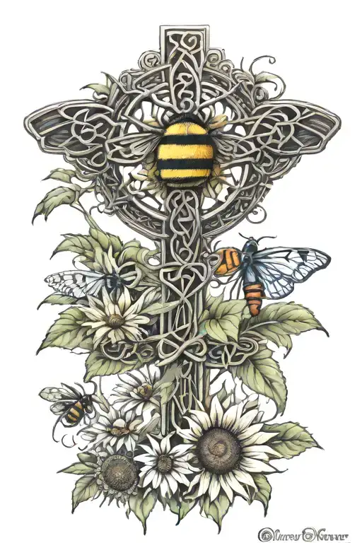 Celtic cross, tree of life, sunflower with bumblebee tattoo design idea