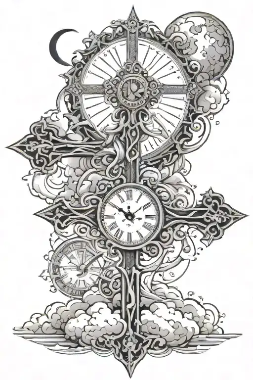 Religious Christian Cross, Clouds, Clock, Moon combined tattoo design idea