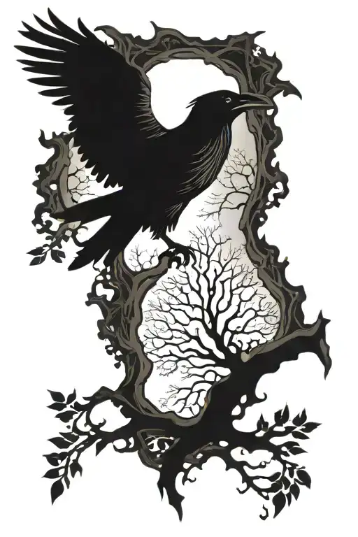 raven, trees, and the angel of death angel tattoo design idea