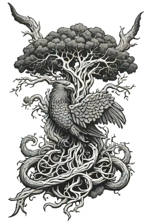 The Norse wyrm Nidhögg gnawing the roots of Yggdrasil with the eagle Hræsvelgr above it.  tattoo design idea