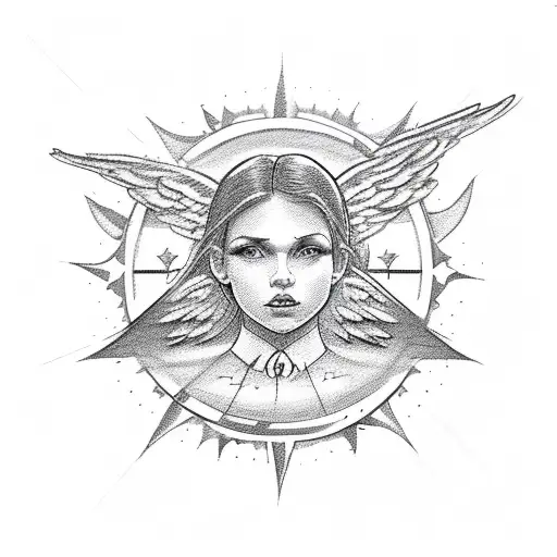 trashpolka style angels silhouette 3 stars and a sun tattoo design idea