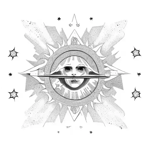 trashpolka style angels silhouette 3 stars and a sun tattoo design idea