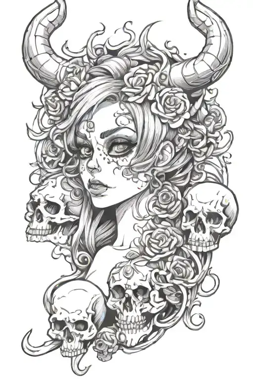 woman with horn and skulls tattoo design idea