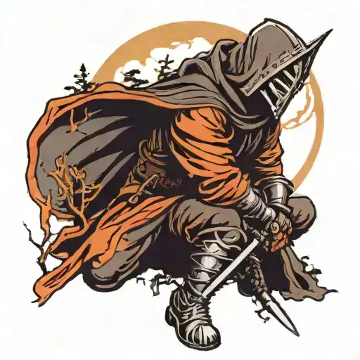 masked hooded knight kneeling with sword with trees and moon behind tattoo design idea
