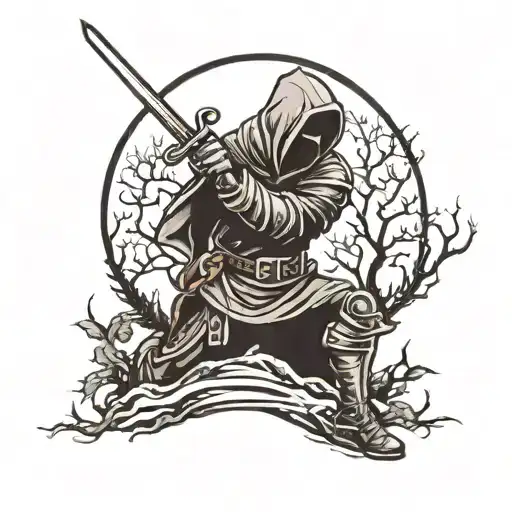 masked hooded knight kneeling with sword with trees and moon behind tattoo design idea