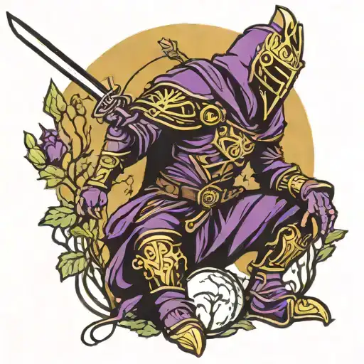 masked hooded purple, black, and gold knight kneeling with sword with trees and moon behind tattoo design idea