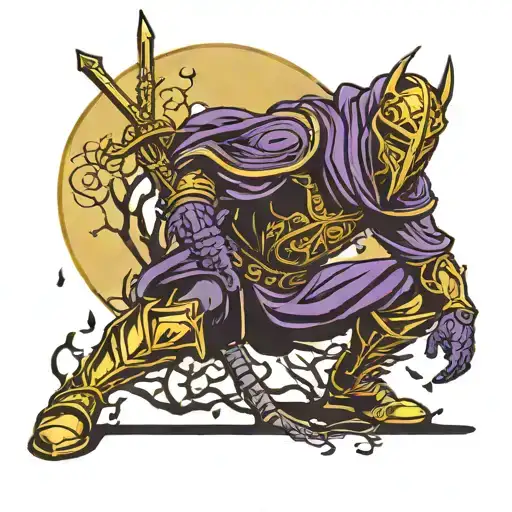 masked hooded purple, black, and gold knight kneeling with sword with trees and moon behind tattoo design idea