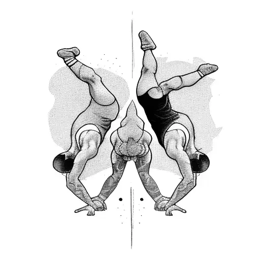 The tattoo design features a black and white image of a gymnast performing a handstand or a backflip, overlaid with a we tattoo design idea