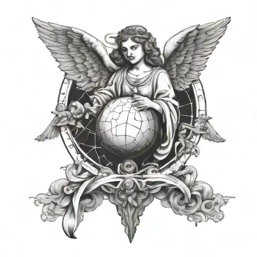 A blackwork design of an angel holding a globe, symbolizing peace and unity tattoo design idea
