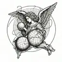 A blackwork design of an angel holding a globe, symbolizing peace and unity tattoo design idea